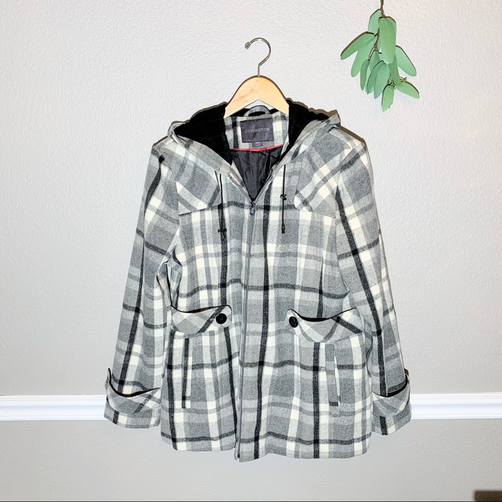 COVINGTON Seas Wool Blend Plaid Hooded Coat XL